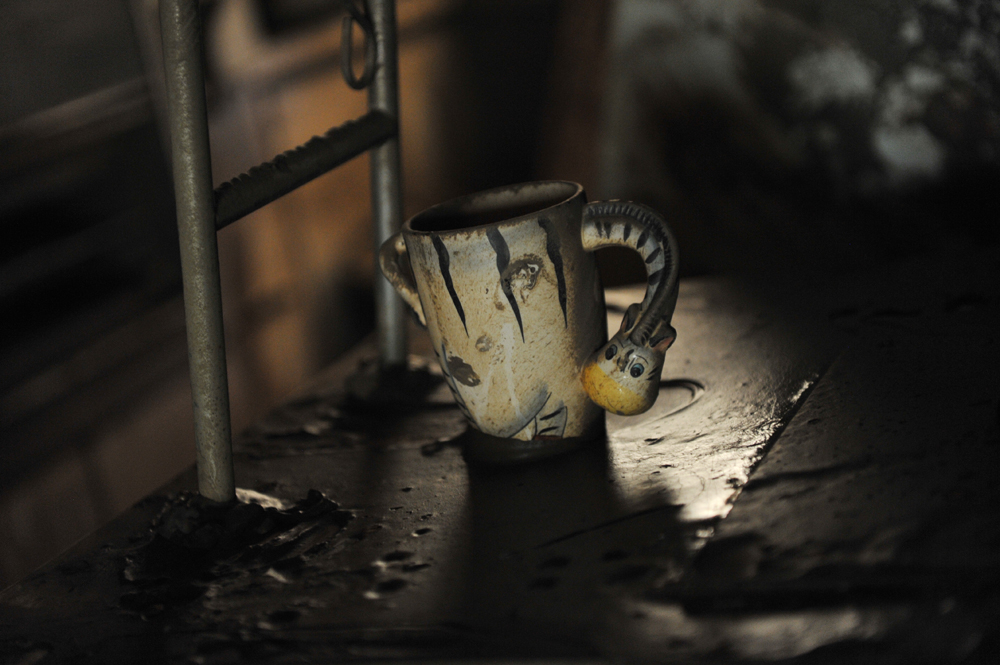A coffee mug is left standing on a kitchen bench where the refridgerator and all other goods have been trashed in Goodna, Queensland.